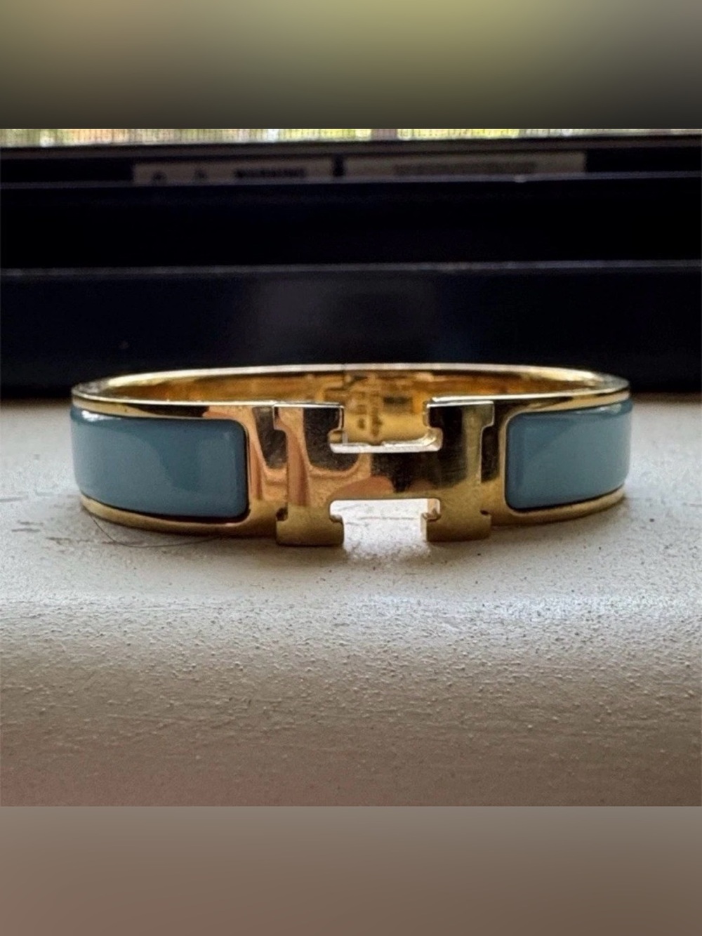 Hermes Gold H Clic Clack Bracelet with Light Blue Enamel Panels